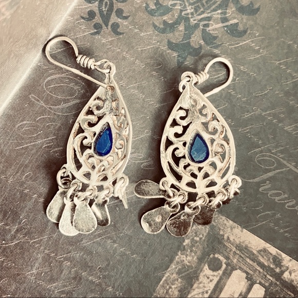 Sterling Silver Earrings with Blue Stone - Picture 2 of 2